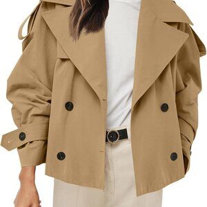 Womens Cropped Trench Coat Casual Double Breasted Short Jacket Fall Fashion Oute